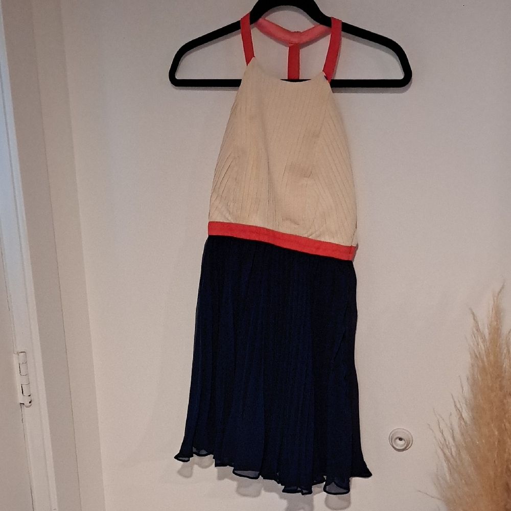 Minuet Petite Elegant Cream and Navy Dress with Pink Highlights NWT